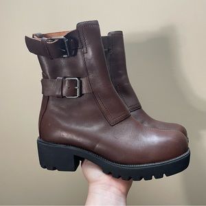 Women’s Double H Boots Brown Leather Double Buckle Chunky Sole Moto Boots